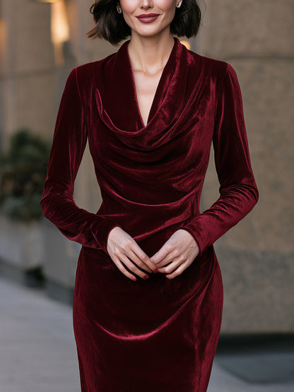 Draped Cowl Neck Velvet Long Sleeve Midi Dress