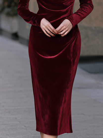 Draped Cowl Neck Velvet Long Sleeve Midi Dress