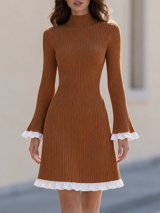 Mock Neck Long Flare Sleeve Contrast Ruffle Hem Ribbed Knit Midi Dress