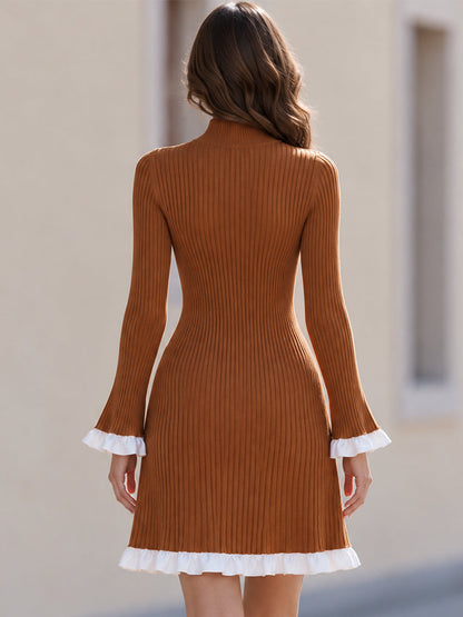 Mock Neck Long Flare Sleeve Contrast Ruffle Hem Ribbed Knit Midi Dress