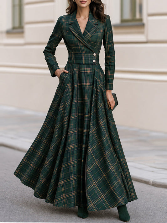 Lapel Tartan Plaid Wrap Maxi Dress With Pockets