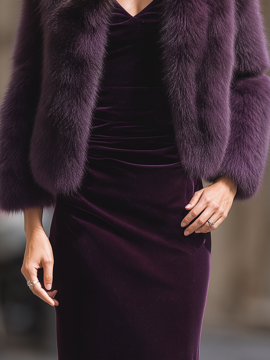 Luxury Faux Fur Cropped Jacket with Velvet Slip Dress Set