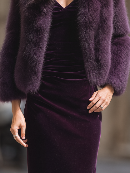 Luxury Faux Fur Cropped Jacket with Velvet Slip Dress Set