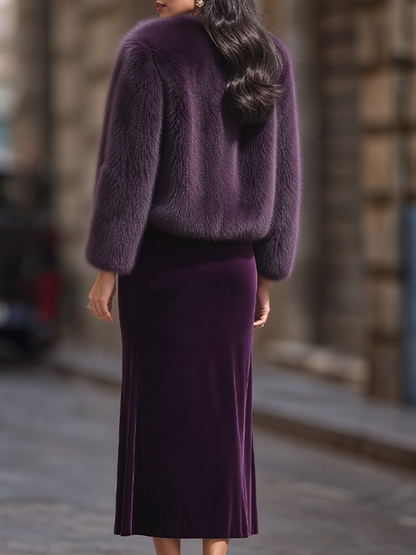 Luxury Faux Fur Cropped Jacket with Velvet Slip Dress Set