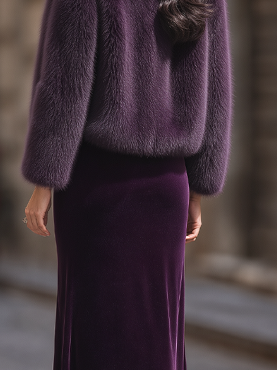 Luxury Faux Fur Cropped Jacket with Velvet Slip Dress Set
