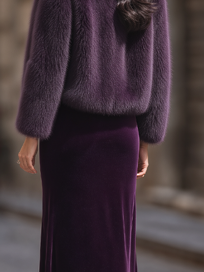 Luxury Faux Fur Cropped Jacket with Velvet Slip Dress Set