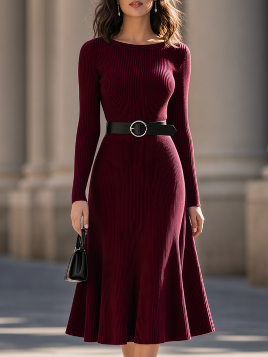 Ribbed Knit Long Sleeve Flare Belt Midi Sweater Dress