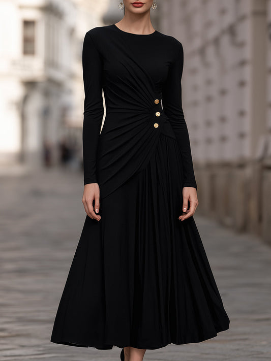 Ruched-Waist Button-Detail Maxi Dress