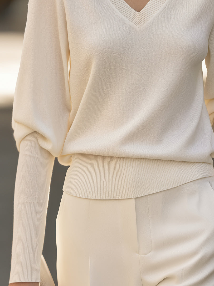 Refined V-Neck Long Sleeve Ribbed Knit Sweater