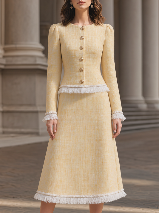 Tweed Fringe Trim Jacket & A-Line Midi Skirt Two-Piece Set