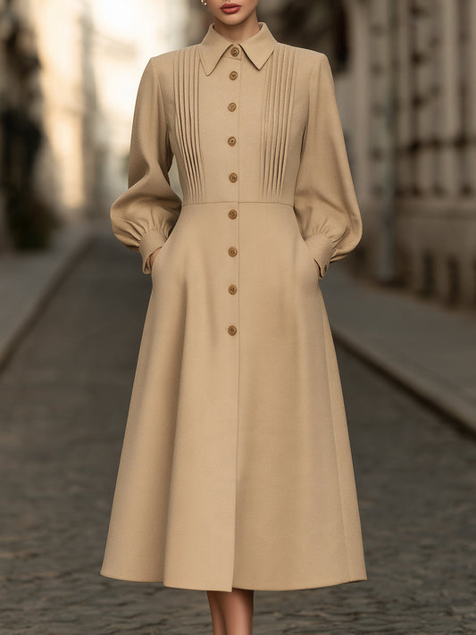 Pintuck Button-Front A-Line Midi Dress