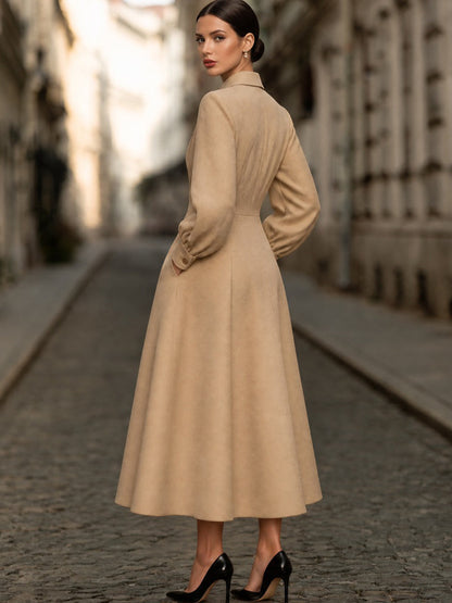 Pintuck Button-Front A-Line Midi Dress