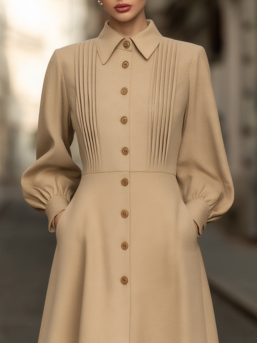Pintuck Button-Front A-Line Midi Dress
