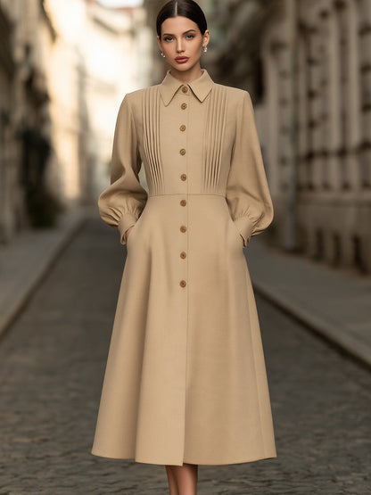Pintuck Button-Front A-Line Midi Dress