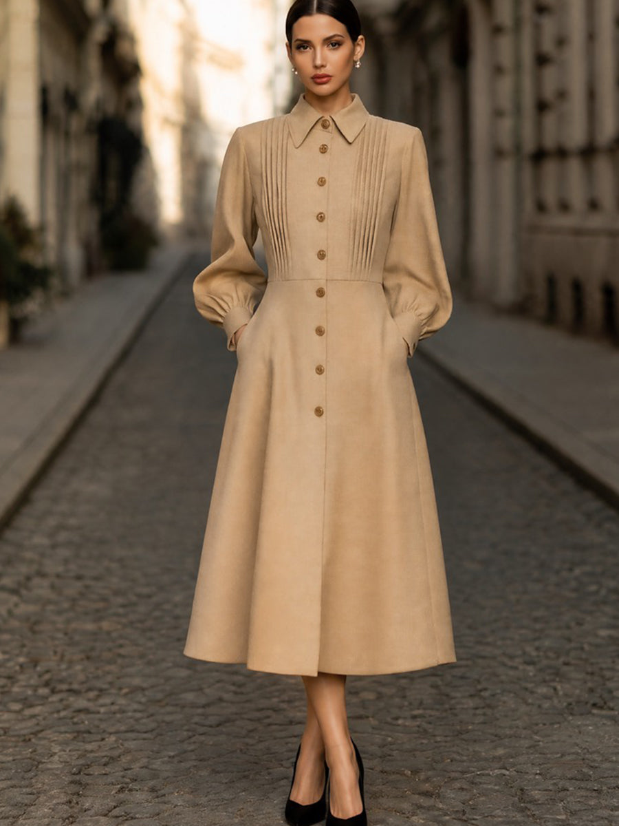 Pintuck Button-Front A-Line Midi Dress