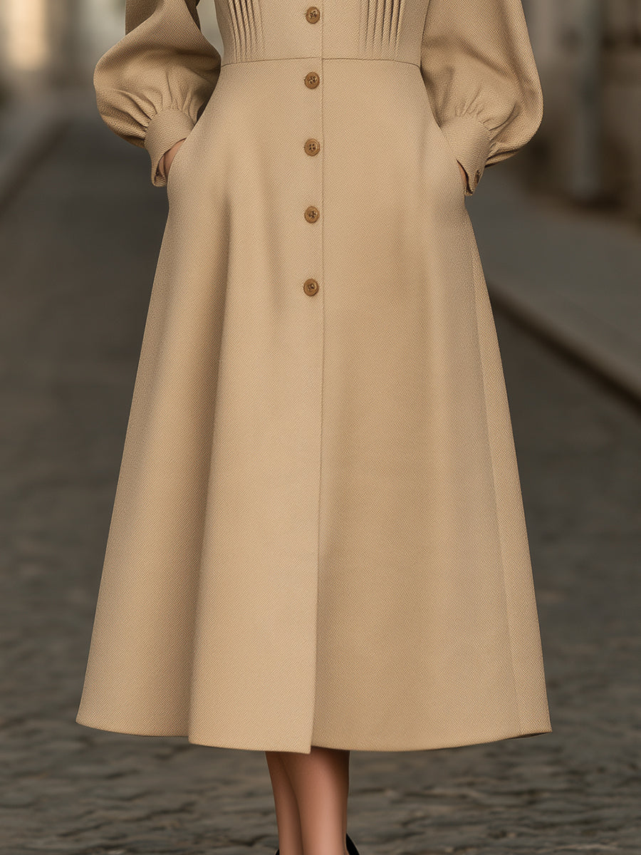 Pintuck Button-Front A-Line Midi Dress