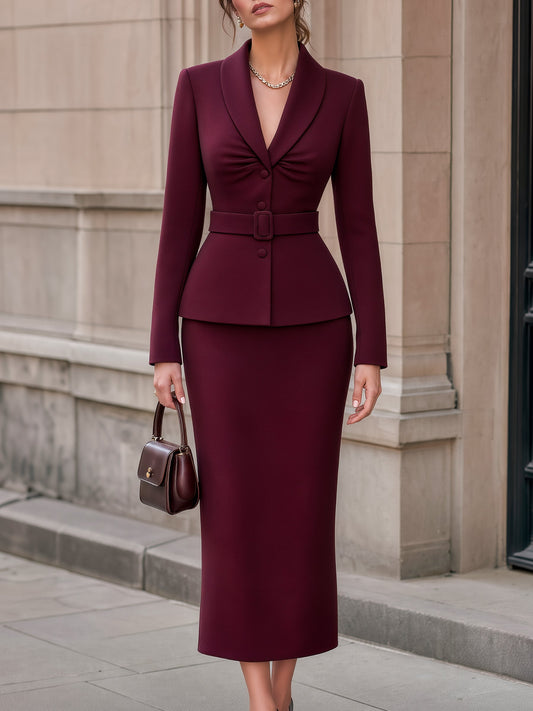 Shawl Collar Belted Peplum Blazer & Midi Skirt Tailored Set