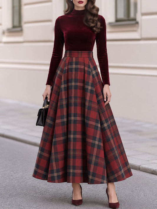 Mock Neck Velvet Bodice Tartan Plaid Pleated Maxi Dress
