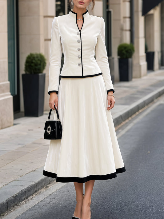 Contrast Trim Mandarin Collar Velvet Fitted Jacket & Flared Midi Skirt Tailored Set