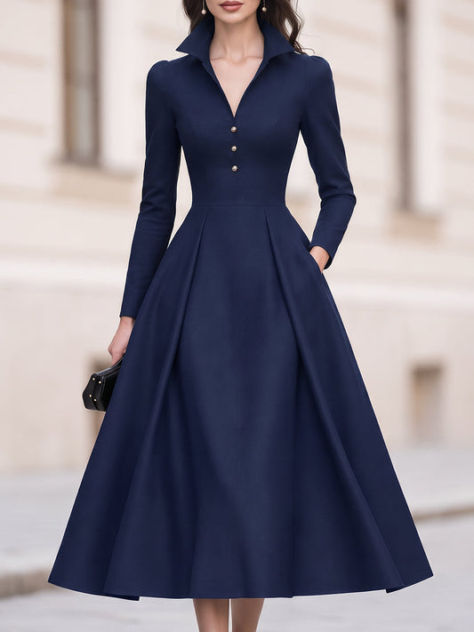 Collared V-Neck Button Front Long Sleeve Crepe Midi Dress With Pockets