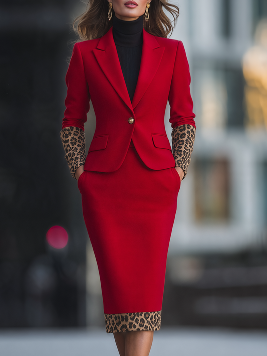 Red Leopard Trim Notched Lapel Blazer And Midi Skirt Two-Piece Set