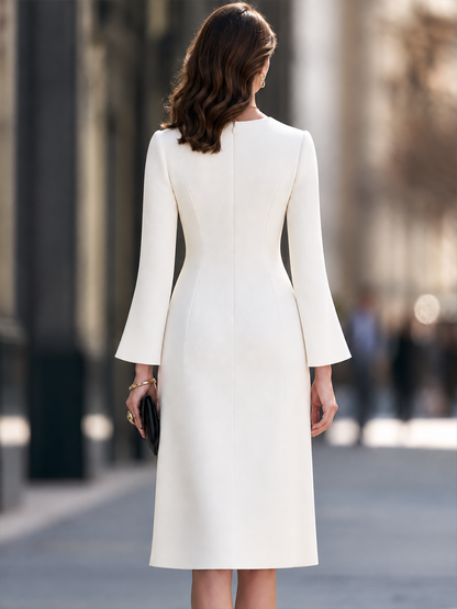 Split-Neck Princess-Seam Flared Sleeve Sheath Midi Dress