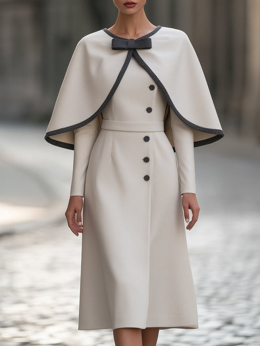 Bow-Neck Contrast-Trim Cape Midi Dress
