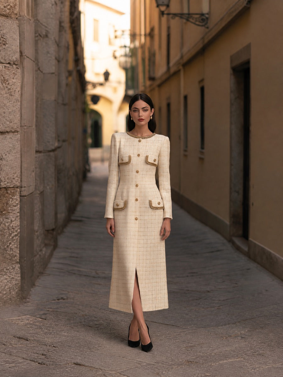 Gold-Trimmed Tweed Button-Up Front-Opening Maxi Dress
