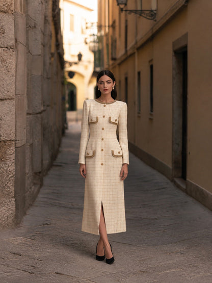 Gold-Trimmed Tweed Button-Up Front-Opening Maxi Dress
