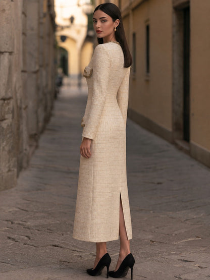 Gold-Trimmed Tweed Button-Up Front-Opening Maxi Dress