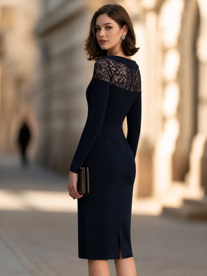 Elegant Lace Splice Long Sleeve Bodycon Midi Dress