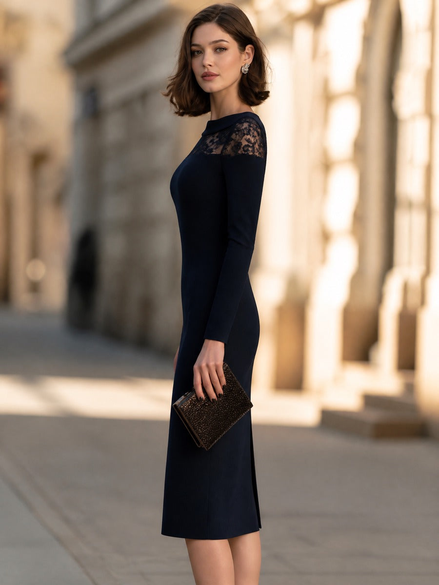 Elegant Lace Splice Long Sleeve Bodycon Midi Dress