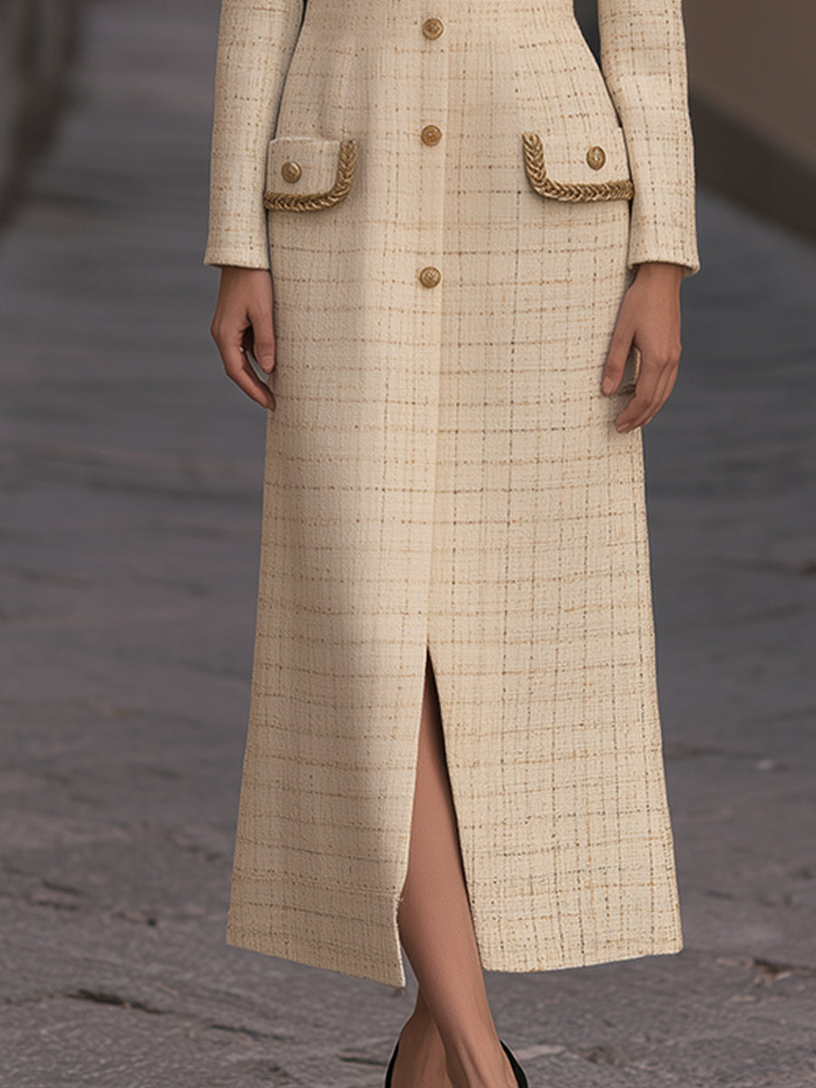 Gold-Trimmed Tweed Button-Up Front-Opening Maxi Dress