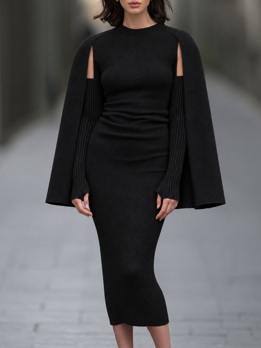 Cape-Sleeve Knit Midi Dress