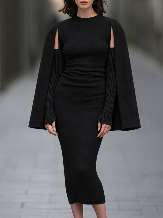 Cape-Sleeve Knit Midi Dress