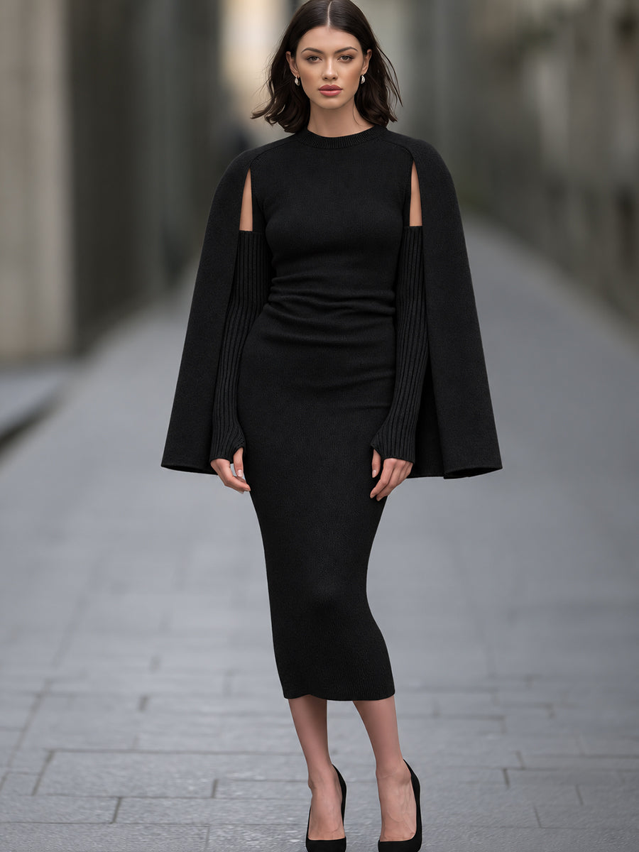 Cape-Sleeve Knit Midi Dress