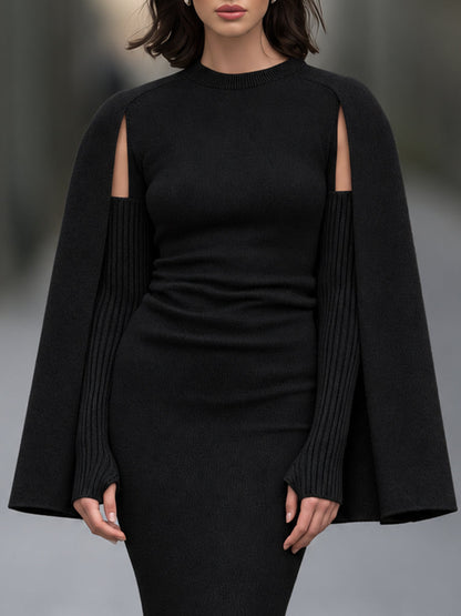 Cape-Sleeve Knit Midi Dress