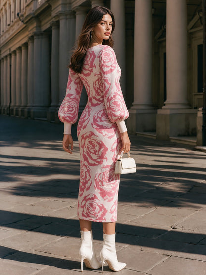 Rose Floral Jacquard Knit Lantern Sleeves Midi Dress