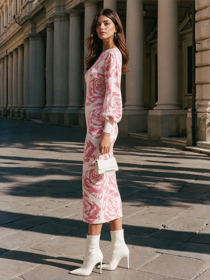 Rose Floral Jacquard Knit Lantern Sleeves Midi Dress