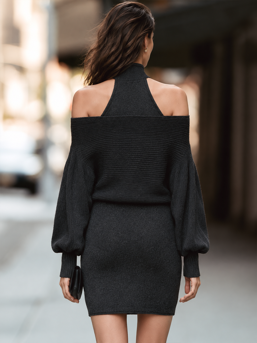 Mock-Neck Cold-Shoulder Balloon Sleeve Bodycon Mini Dress