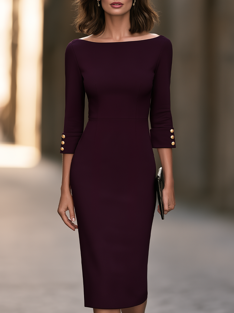 Boat-Neck Gold-Button Cuff Sheath Midi Dress