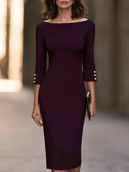 Boat-Neck Gold-Button Cuff Sheath Midi Dress