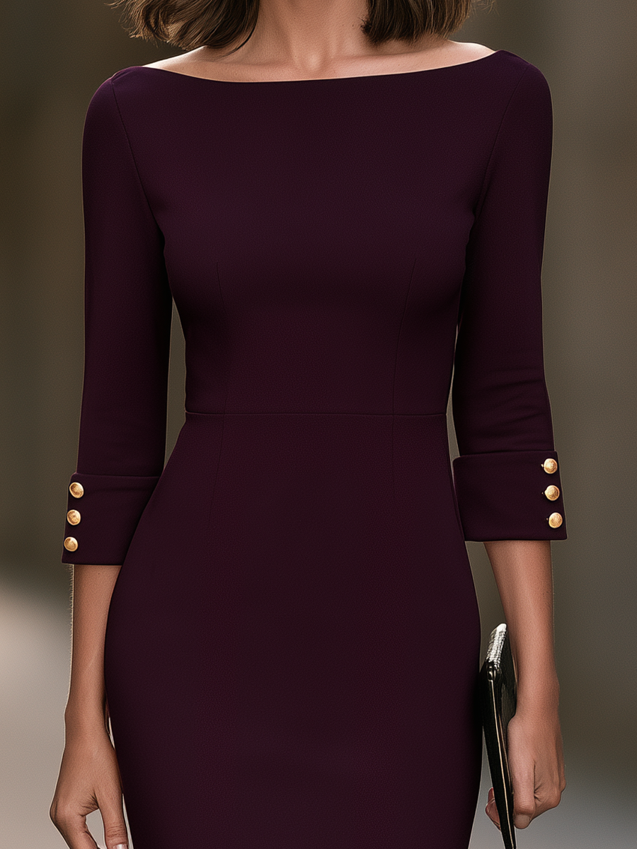 Boat-Neck Gold-Button Cuff Sheath Midi Dress