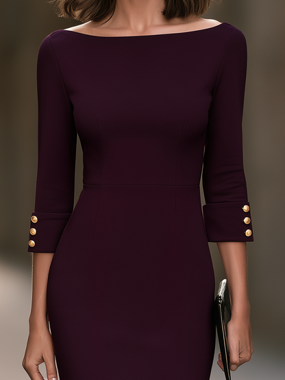 Boat-Neck Gold-Button Cuff Sheath Midi Dress