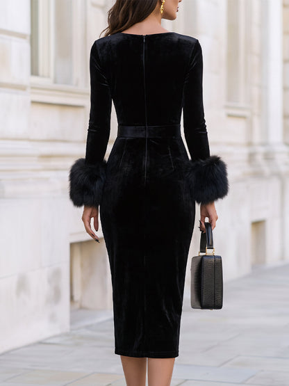 Boat Neck Long Faux Fur Cuff Velvet Midi Pencil Dress