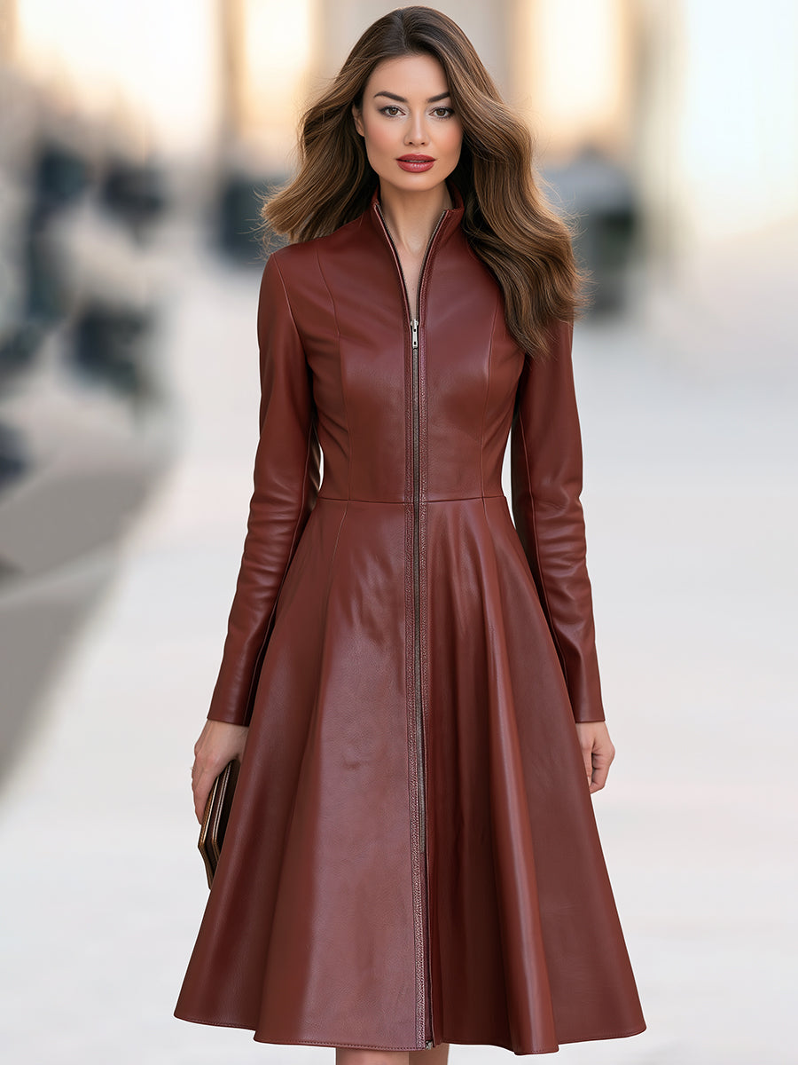 Zip-Front Faux Leather Fit-and-Flare Midi Dress