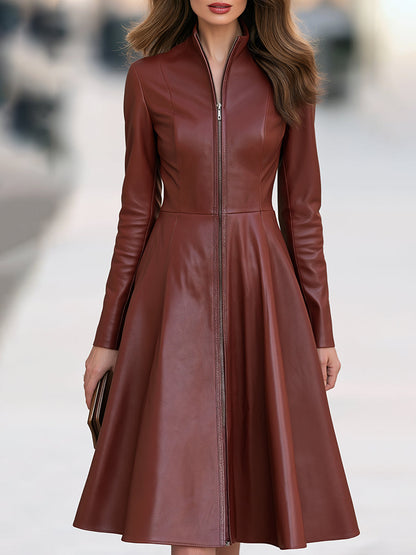 Zip-Front Faux Leather Fit-and-Flare Midi Dress