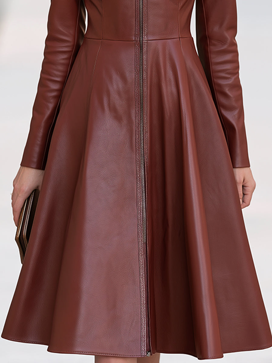 Zip-Front Faux Leather Fit-and-Flare Midi Dress