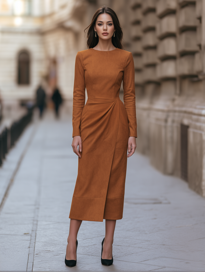 Draped-Waist Suede Midi Dress