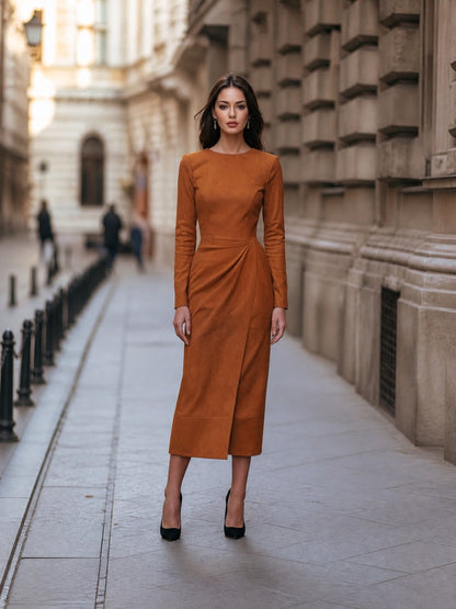 Draped-Waist Suede Midi Dress
